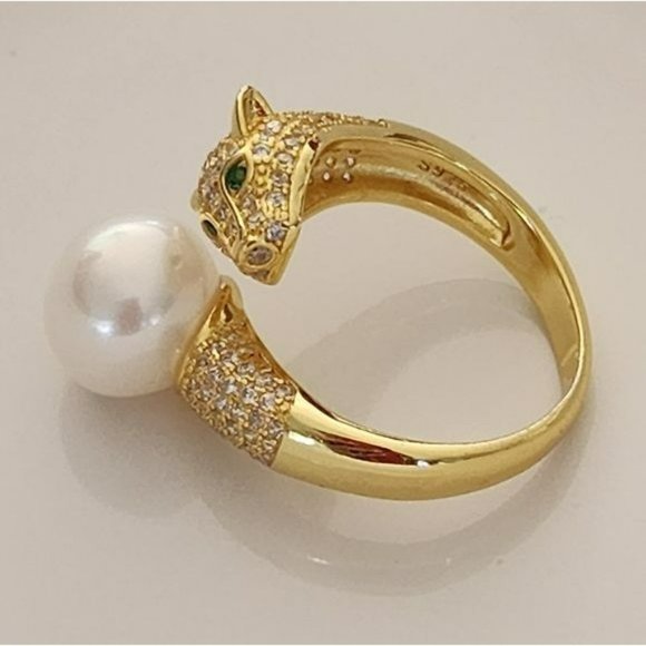 925S Genuine 10 mm Freshwater Pearl Adjustable Gold Ring With Leopard Design - Picture 10 of 16